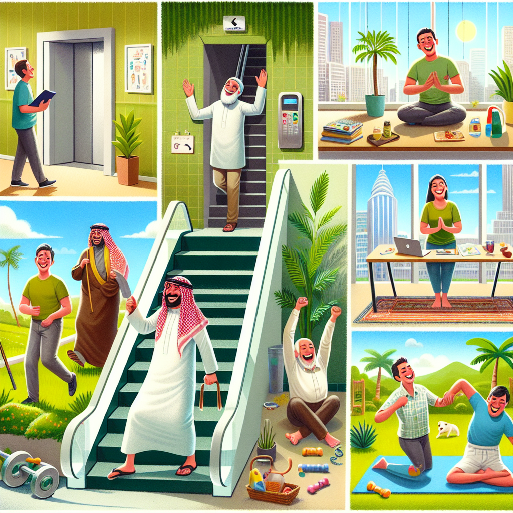 A dynamic scene illustrating various small, everyday physical activities seamlessly integrated into a person's life. Show a person happily taking the stairs instead of an elevator, another person enjoying a brisk walk during a lunch break in a park, and someone stretching lightly while doing chores at home. The overall mood should be positive, energetic, and encouraging, highlighting sustainable movement for fat loss without intense exercise.