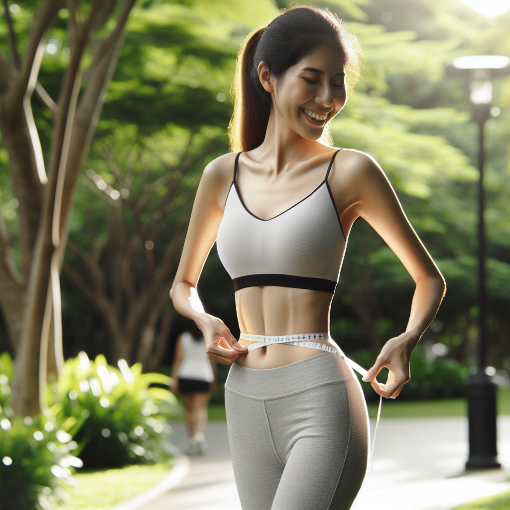 A person with a noticeably lean and slender physique, not bulky or muscular, is happily engaged in a moderate cardio activity like brisk walking or light jogging in a serene outdoor park setting with natural light. The focus is on a healthy, toned, and graceful silhouette, emphasizing fat loss without muscle gain. The atmosphere is encouraging and calm.