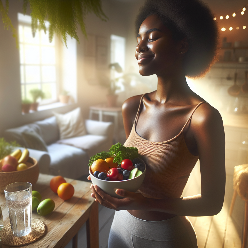A person looking healthy and happy, standing in a bright, cozy home environment, perhaps holding a bowl of fresh fruit or a glass of water. The scene emphasizes a relaxed, everyday lifestyle without any visible gym equipment, weight scales, or strenuous activity. Focus on natural light and a feeling of well-being through simple, healthy choices. Realistic, warm tones.