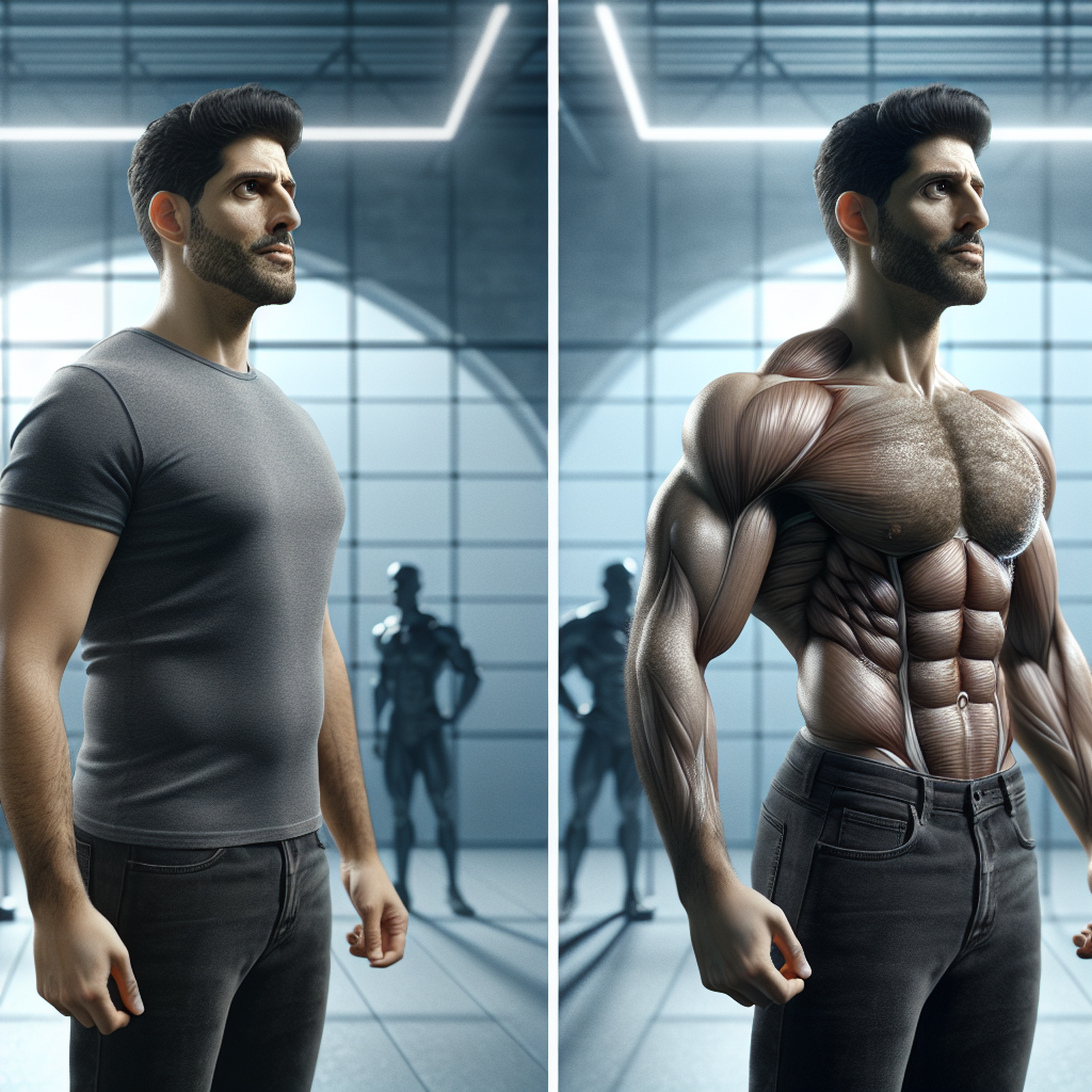 A side-by-side comparison of a person's physique, illustrating body recomposition. On the left, a slightly softer, less defined figure (representing 'before'). On the right, the same person (or a visually similar figure) appears visibly more toned, muscular, and athletic, with improved definition. The overall body size/mass appears similar, emphasizing fat loss and muscle gain without overall weight change. Dynamic pose, confident expression. Clean gym background, realistic photography style, natural lighting.