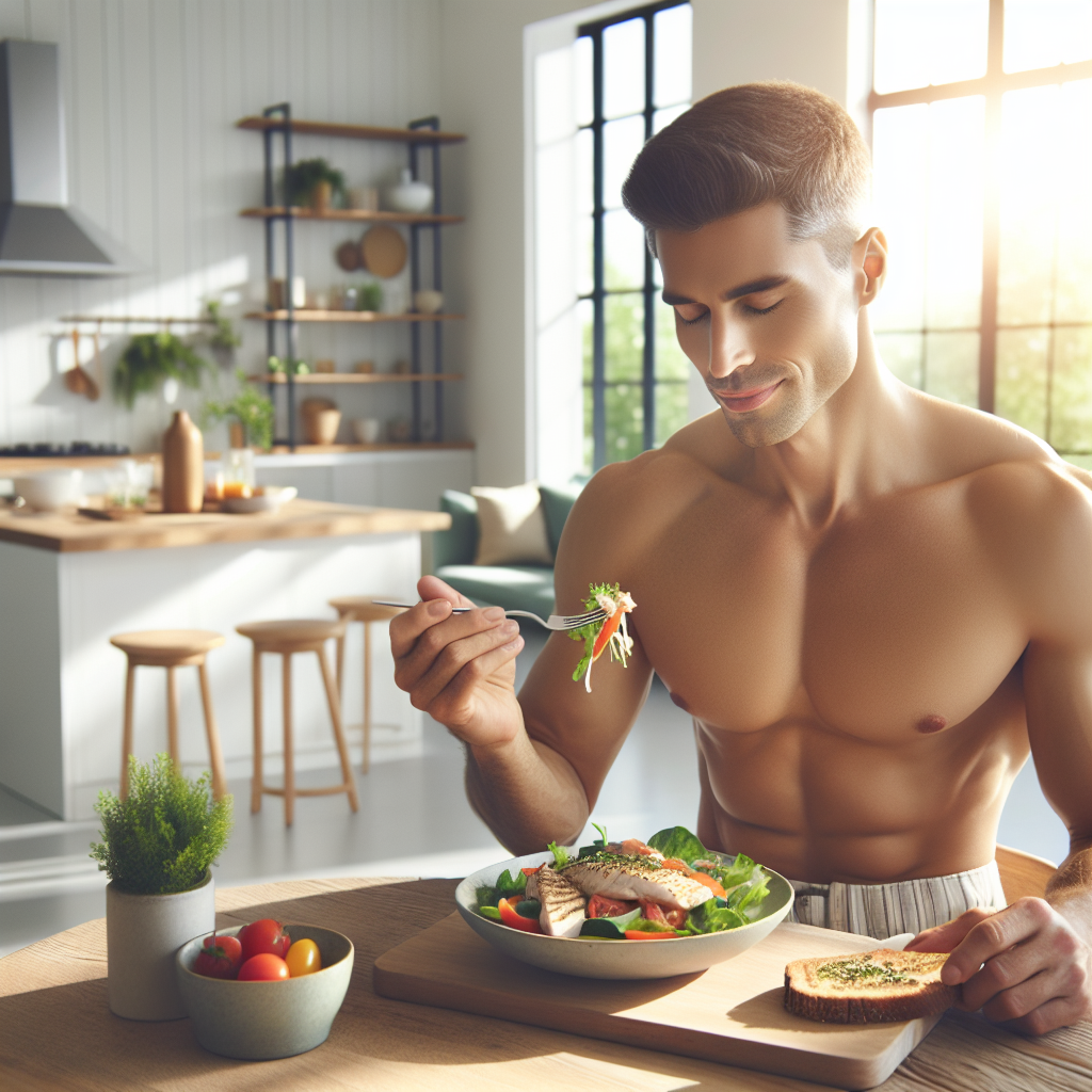 A confident and healthy-looking person, appearing lean and content, enjoying a balanced, protein-rich meal (like a colorful salad with grilled chicken or fish) in a bright, modern home kitchen or living room. No sports equipment or workout clothes are visible. The focus is on a relaxed, sustainable lifestyle emphasizing nutrition and well-being, conveying successful fat loss without traditional exercise. Soft natural light, inviting atmosphere, clean aesthetic.