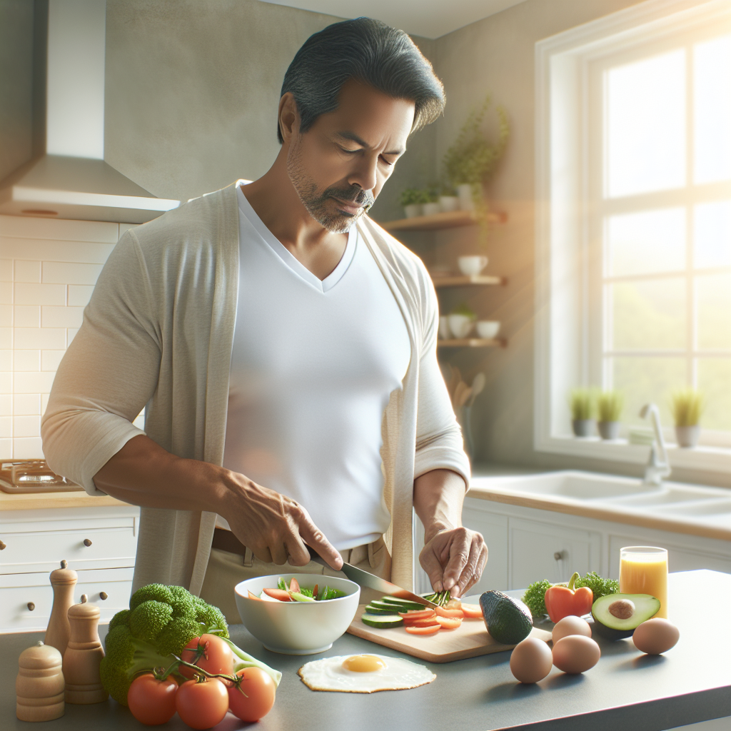 A serene, well-lit kitchen scene. A person is gently preparing a healthy breakfast with fresh vegetables, eggs, and avocado on a counter, embodying a relaxed, non-strenuous approach to health. Sunlight streams through a window. The overall feeling is one of calm daily wellness and easy metabolism boosting, no exercise visible. Realistic photography style.