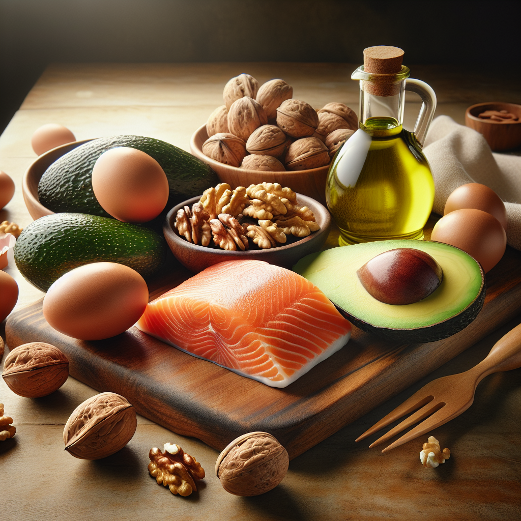 A vibrant, aesthetically arranged still life of wholesome, metabolism-boosting foods: fresh eggs, a piece of salmon, half an avocado, a handful of walnuts, and a bottle of olive oil. The setting is a minimalist, natural wood table, emphasizing natural ingredients for energy and fat burning without the need for strenuous activity. Soft, natural lighting. Realistic photography style.