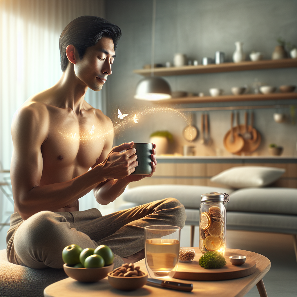 A serene and inviting image of a person (could be a woman or gender-neutral) in a comfortable, modern home setting, perhaps in a bright kitchen or living room. They are engaged in a simple, relaxing activity like sipping a healthy drink (e.g., herbal tea, lemon water) from a stylish mug, or gently preparing a nutritious snack (e.g., fruit bowl, nuts). The scene emphasizes ease, well-being, and a gentle, natural approach to health. Subtle, warm, glowing light effects emanate around the person, symbolizing internal energy and metabolism without depicting strenuous activity. The background is soft and clean, suggesting a calm daily routine. The overall mood is peaceful, healthy, and positive. High quality, realistic, soft focus in background, natural light.