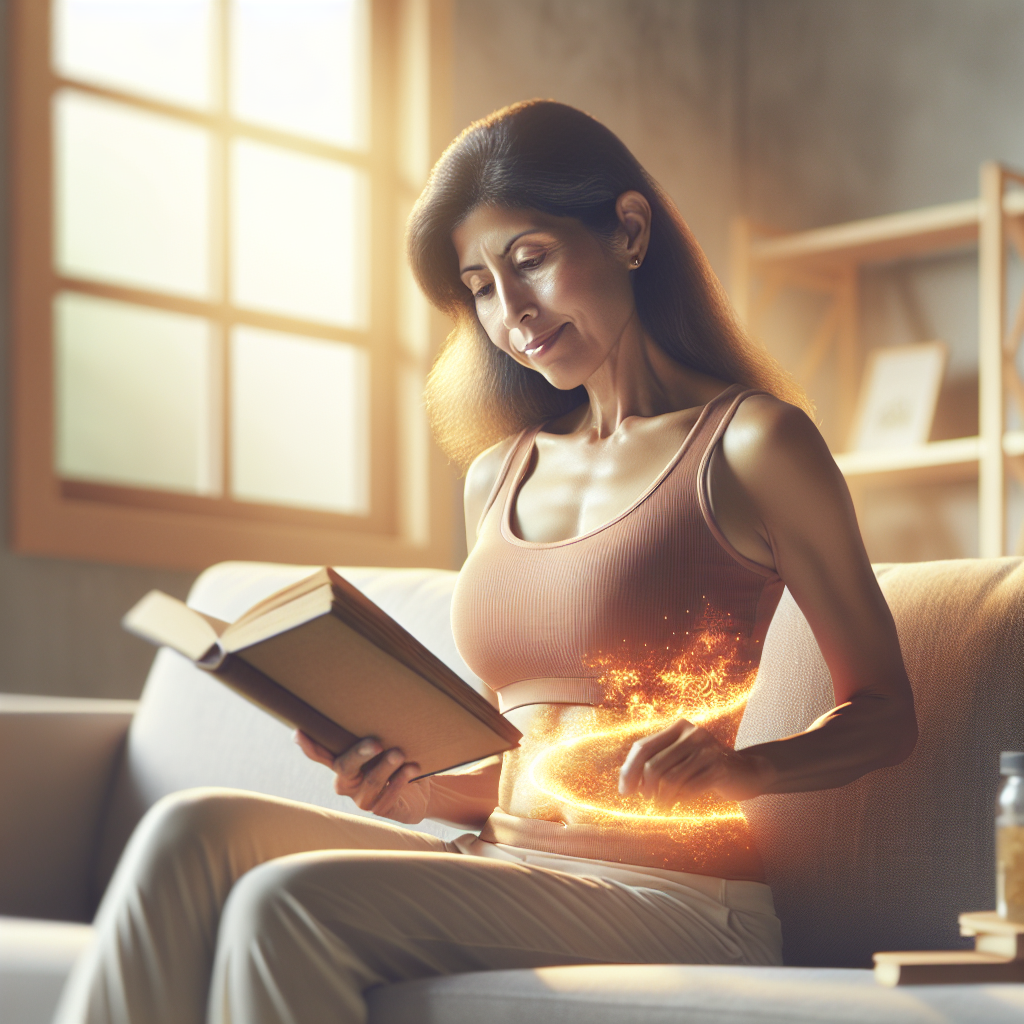 A person, looking healthy and content, is engaged in a common daily activity like reading a book on a comfortable couch, preparing a simple healthy meal in a modern kitchen, or taking a relaxed walk outdoors. No sports equipment or gym setting is visible. Around their waist, a subtle, ethereal warm glow or gentle shimmering effect symbolizes internal fat burning and active metabolism. The overall mood is calm, achievable, and lifestyle-focused. Realistic digital painting with soft lighting.