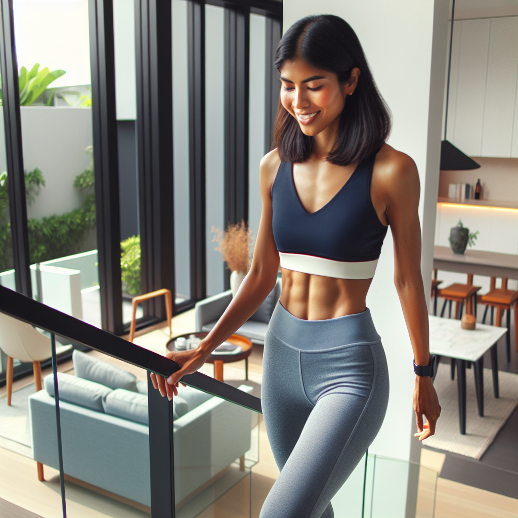 A diverse, healthy-looking person in comfortable activewear, radiating confidence and well-being. They are incorporating movement into their daily routine, such as gracefully ascending a flight of stairs, or performing gentle stretches in a bright, modern living room. The image should subtly highlight a toned, flat stomach, emphasizing that this physique is achieved through an active lifestyle rather than strict dieting. Bright, positive, and inspiring with natural light.