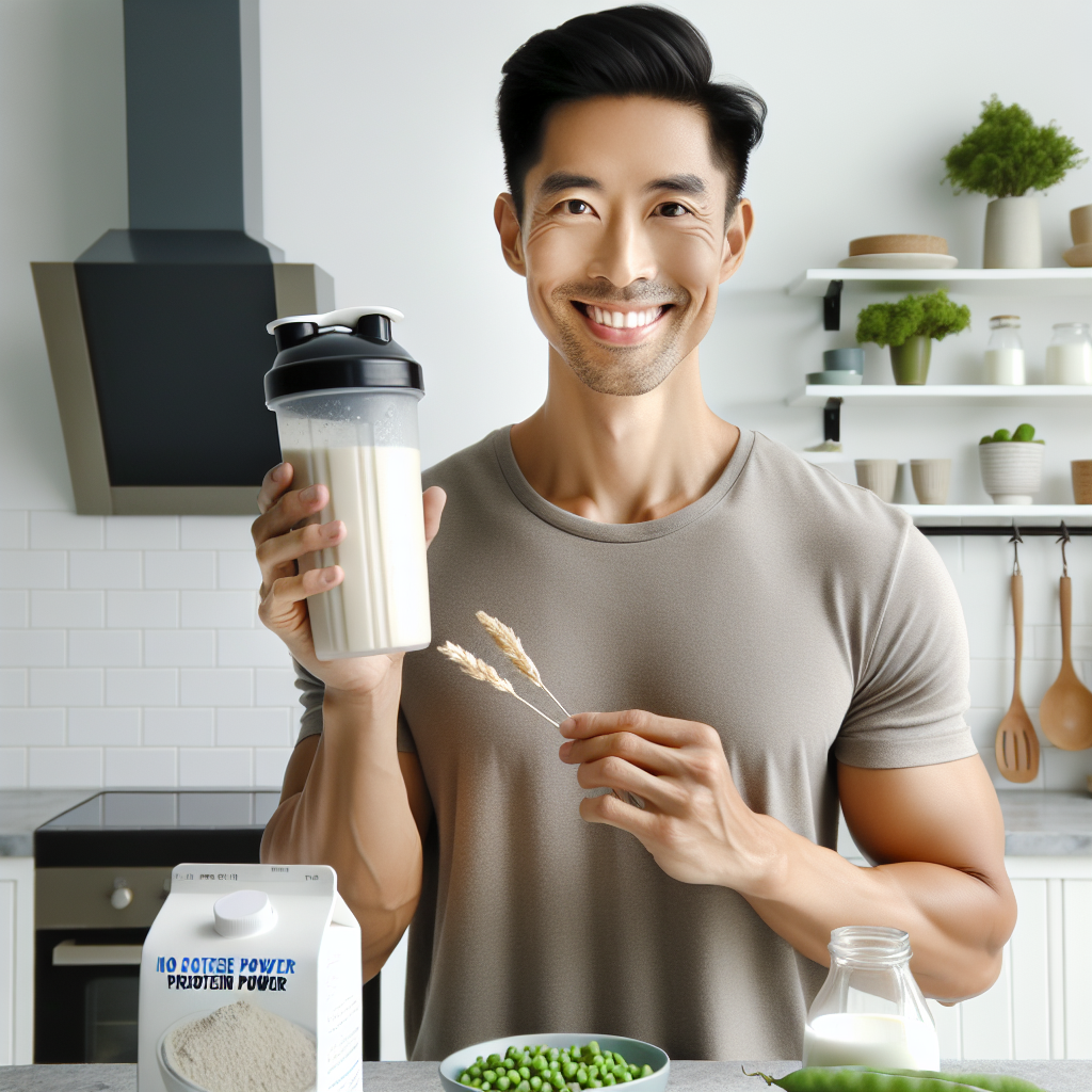 A cheerful, healthy person holding a sleek protein shaker bottle filled with a vibrant, creamy shake. In the background, artfully arranged soy-free protein sources such as fresh green peas, a carton of milk, and possibly a package of rice protein powder are subtly visible, emphasizing the 'no soy' aspect of a formula diet for weight loss. The setting is a bright, modern kitchen or a clean, minimalist space, conveying simplicity, effectiveness, and well-being. Soft, inviting lighting.