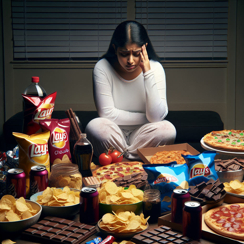 A person, looking overwhelmed and distressed, sitting at a table with a chaotic, overflowing amount of comfort food surrounding them – chips, chocolate, pizza, soda – creating a visual metaphor for uncontrolled eating and the struggle against binge eating attacks. The lighting is slightly dramatic, emphasizing the emotional burden. Realistic, high-resolution photo style.