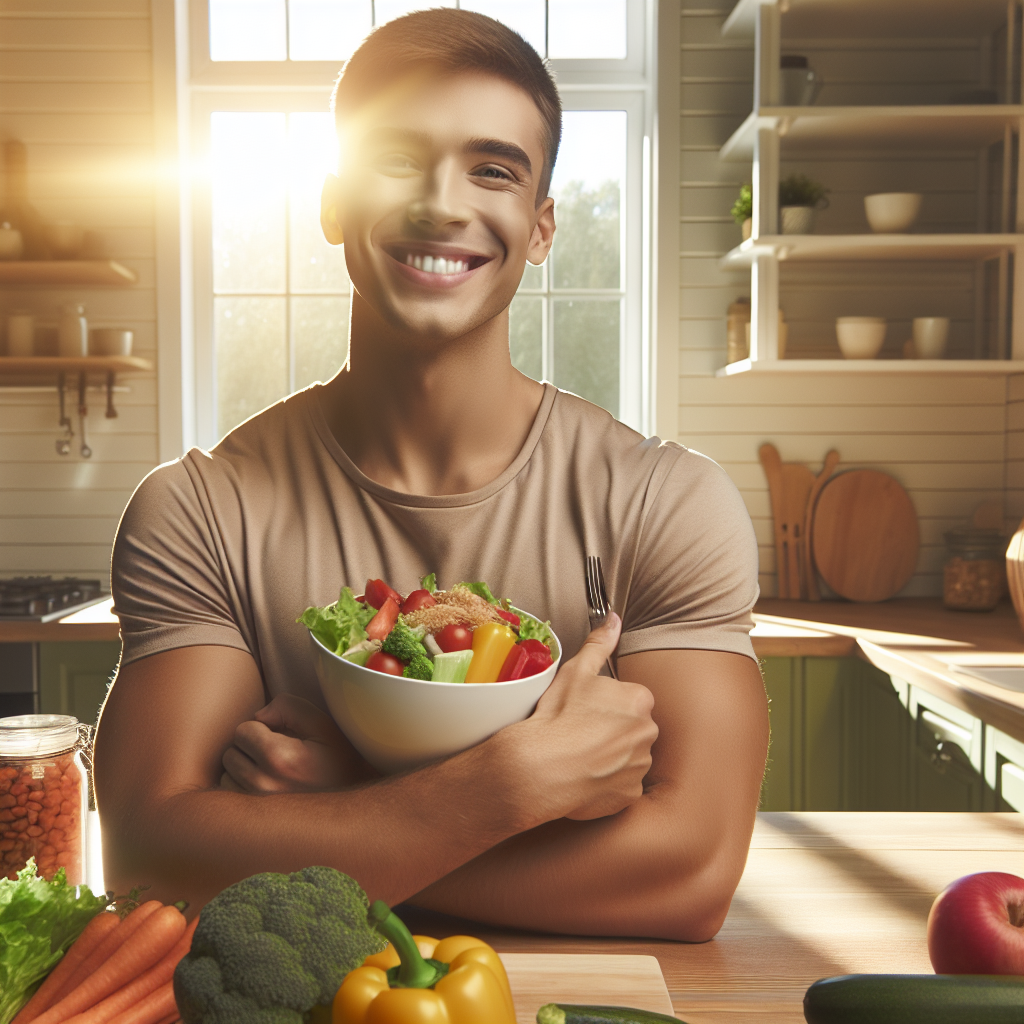 A fit and happy person (gender-neutral, diverse) enjoying a vibrant, healthy meal in a bright, inviting kitchen. They are smiling contentedly. There are no gym clothes, weights, or workout equipment visible anywhere. The focus is on nutritious food and a calm, healthy lifestyle, conveying the idea of achieving well-being and weight loss without strenuous exercise. Soft natural lighting, warm colors.