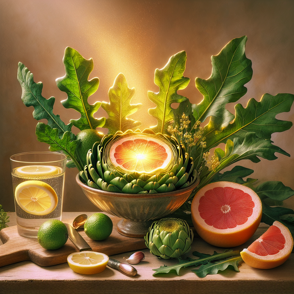 A vibrant, aesthetically pleasing still life arrangement on a natural wooden surface, featuring fresh, green artichoke halves, a few dandelion leaves, a sliced grapefruit, and a clear glass of water with a lemon slice. A subtle, glowing golden light emanates gently from the center of the arrangement, symbolizing healthy bile flow and improved digestion. The background is softly blurred with warm, natural tones, evoking a sense of well-being and natural health. Detailed, bright, and inviting, with soft shadows.