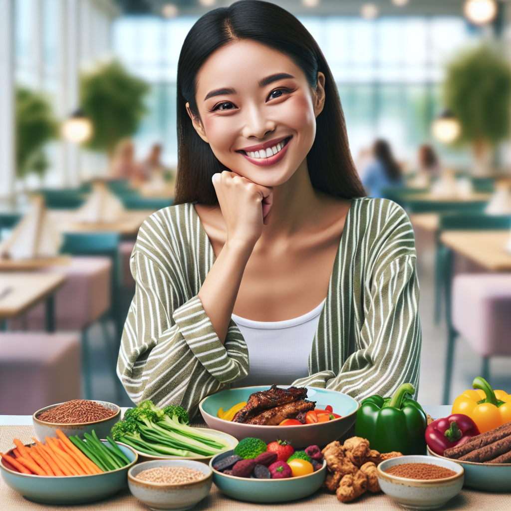 A person with a contented smile, looking satisfied and full, sitting at a table with a generous, colorful plate of healthy and delicious food. The meal includes fresh vegetables, lean protein, and whole grains. The setting is bright and inviting, conveying joy and no sense of deprivation. Photo-realistic, vibrant colors.