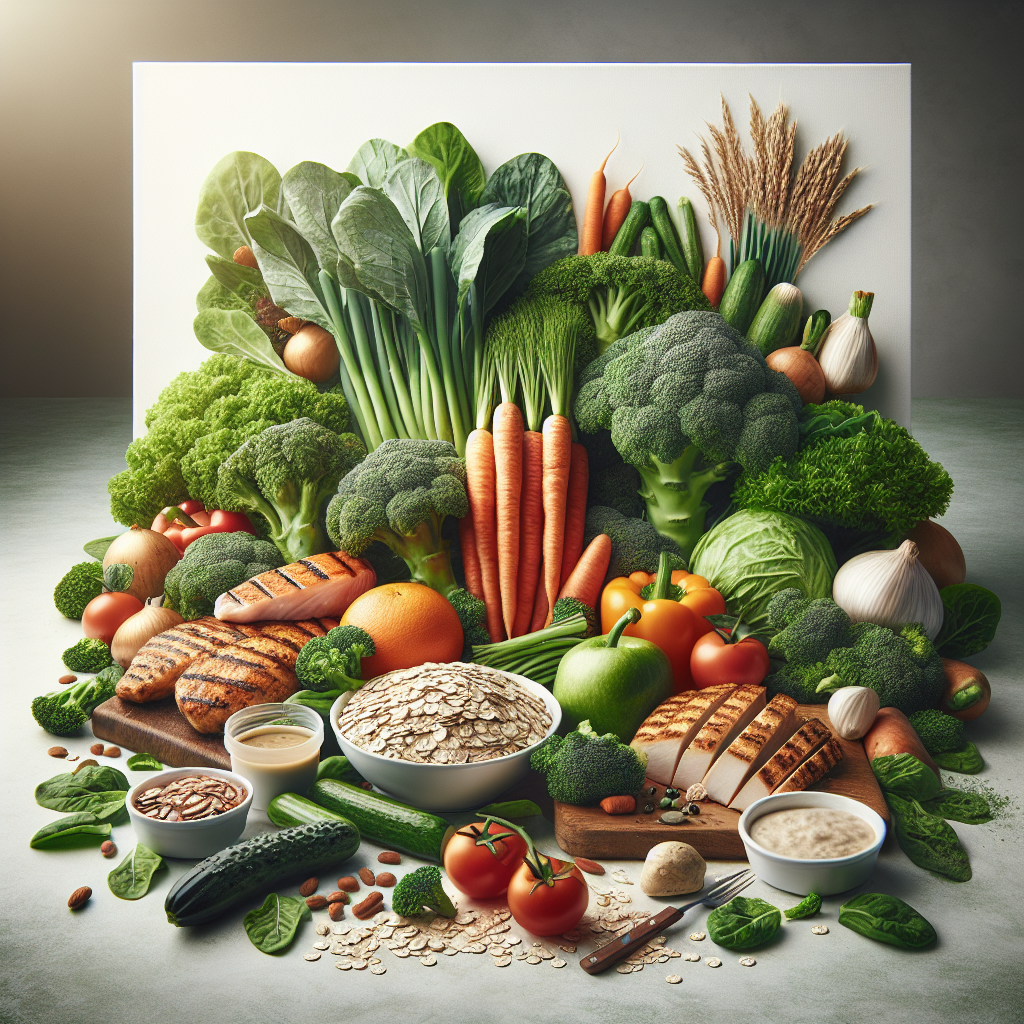 An artfully arranged still life of various healthy, satiating foods on a clean surface. Include a vibrant mix of fresh vegetables like broccoli, carrots, and leafy greens, alongside lean protein sources such as grilled chicken or fish, and whole grain items like oats or whole-wheat bread. Emphasize fresh, natural textures and bright, appealing colors, resembling high-quality food photography.
