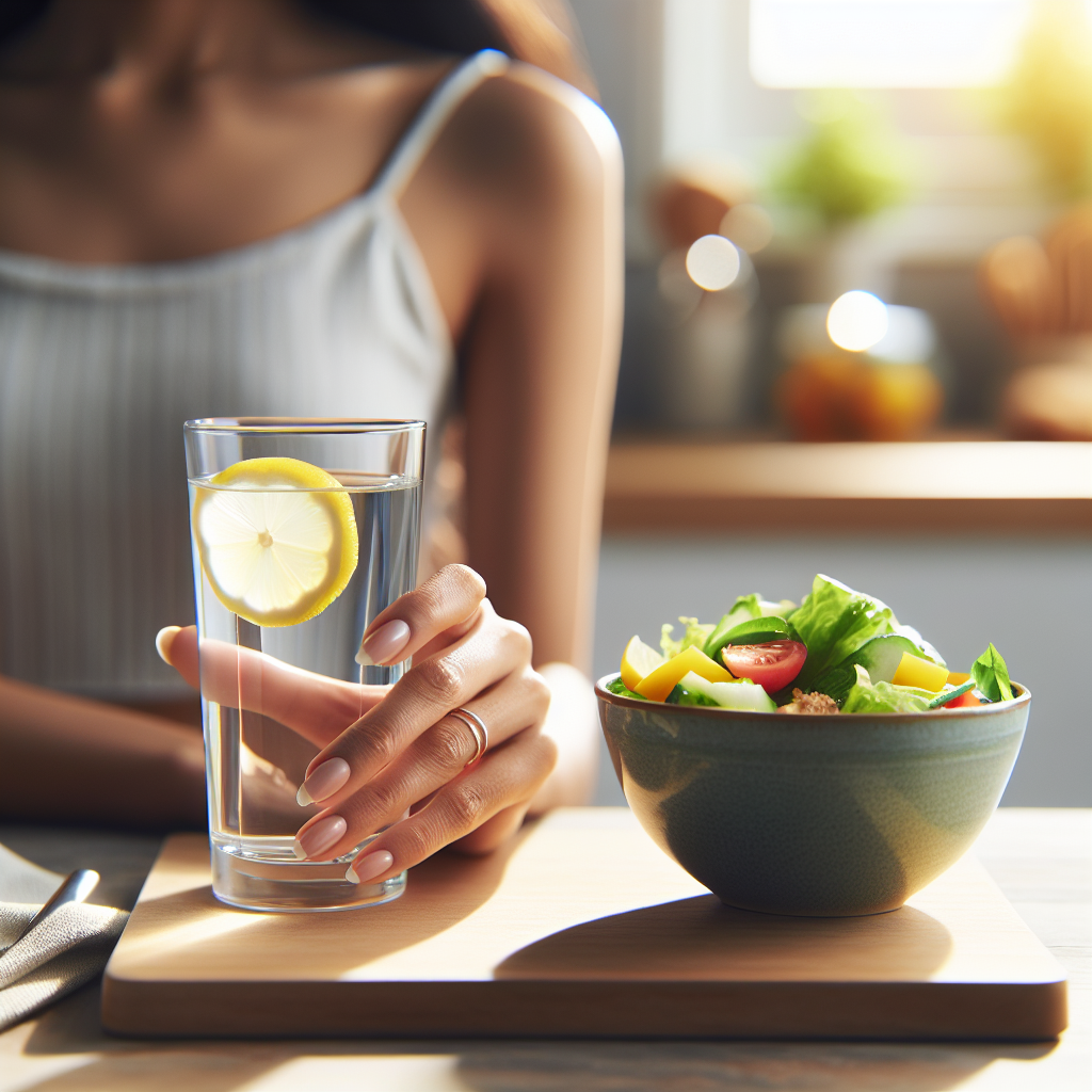 A refreshing close-up of a hand holding a clear glass of water with a lemon slice. Next to it, a small, vibrant bowl of fresh, healthy food (e.g., a colorful salad or fresh fruit). The background is a gently blurred, inviting home kitchen or dining table. The image emphasizes hydration and mindful eating as simple, effective strategies for weight management. Bright, natural light, clean aesthetic. Realistic, high-quality photograph.