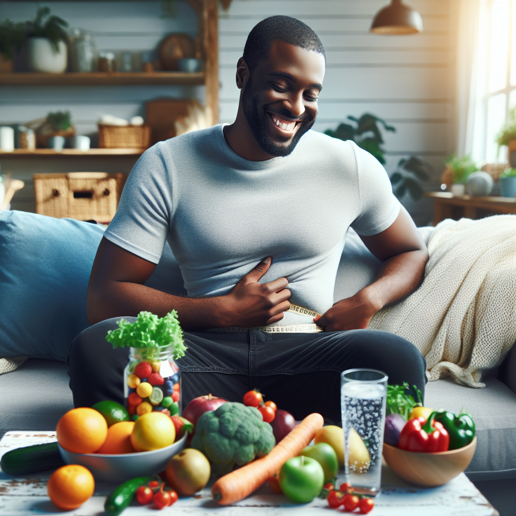A cheerful, healthy person in casual everyday clothes, relaxing in a bright, inviting home environment. They are surrounded by an array of vibrant, fresh whole foods like colorful fruits, crisp vegetables, and a glass of sparkling water. There is absolutely no sports equipment, gym clothing, or activewear present, highlighting successful weight loss through diet and lifestyle changes. The atmosphere is calm and positive, with soft natural light, in a realistic photographic style.
