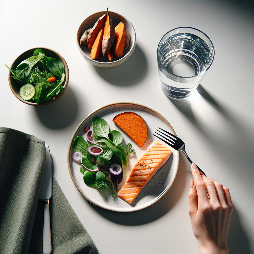 A beautifully composed flat lay image showing a a portion-controlled healthy meal on a smaller plate (e.g., grilled salmon, mixed greens, sweet potato) alongside a large, clear glass of water. A subtle, elegant hand might be reaching for the fork. The setting is a clean, modern kitchen or dining table, emphasizing mindful eating and hydration for weight loss, without any reference to exercise. Clean, bright, and appealing food photography.
