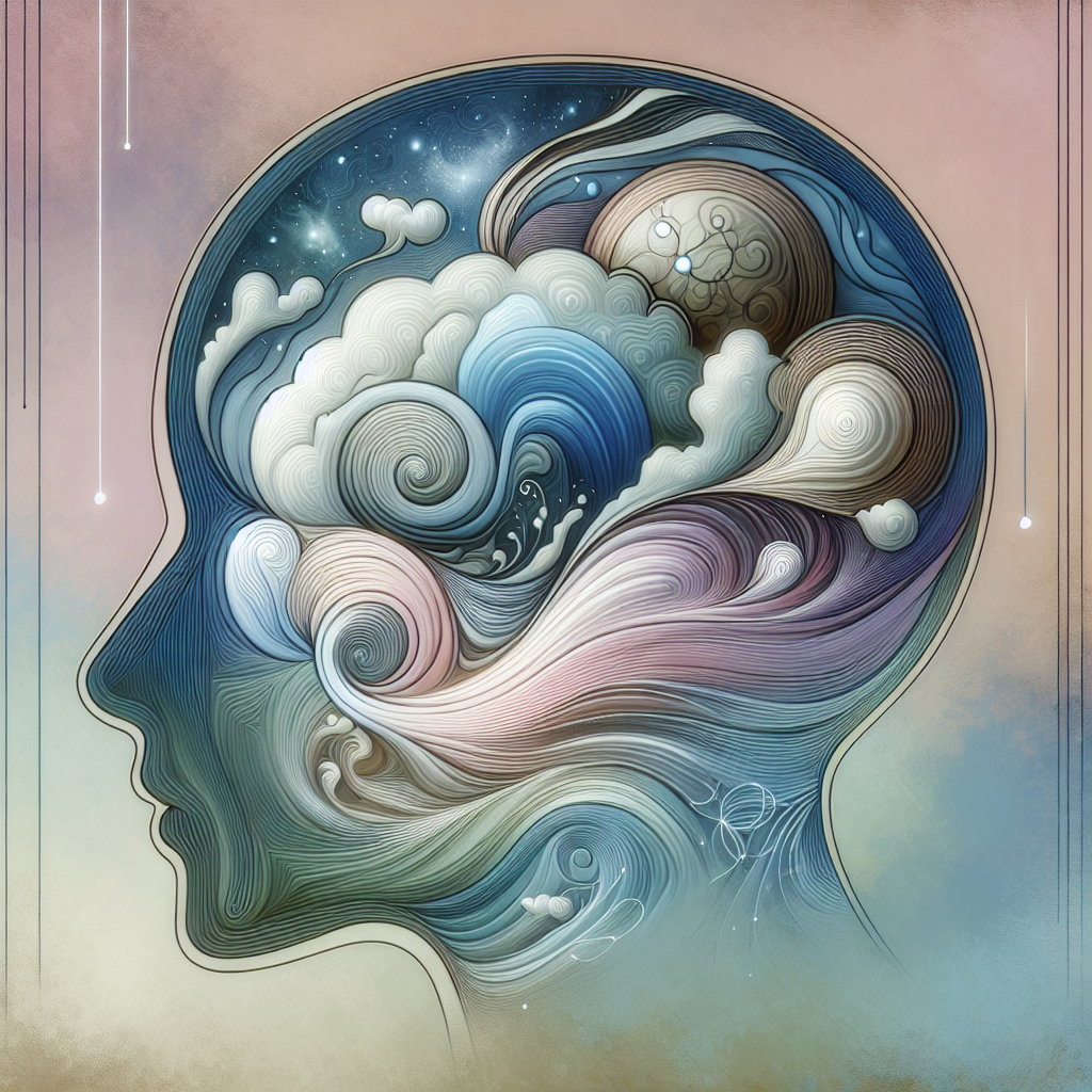 A stylized human head in profile, emanating a sense of serenity and inner peace. Around and subtly within the head, abstract, swirling lines, gentle eddies of light, and faint, cloud-like thought forms represent a 'Gedankenkarussell' (thought carousel). These mental elements are depicted as slowing down, becoming clear, and settling into a tranquil, open space. The overall image should convey the transition from mental busyness to profound calm, with soft, harmonious colors like blues, purples, and muted greens, in a digital illustration style.