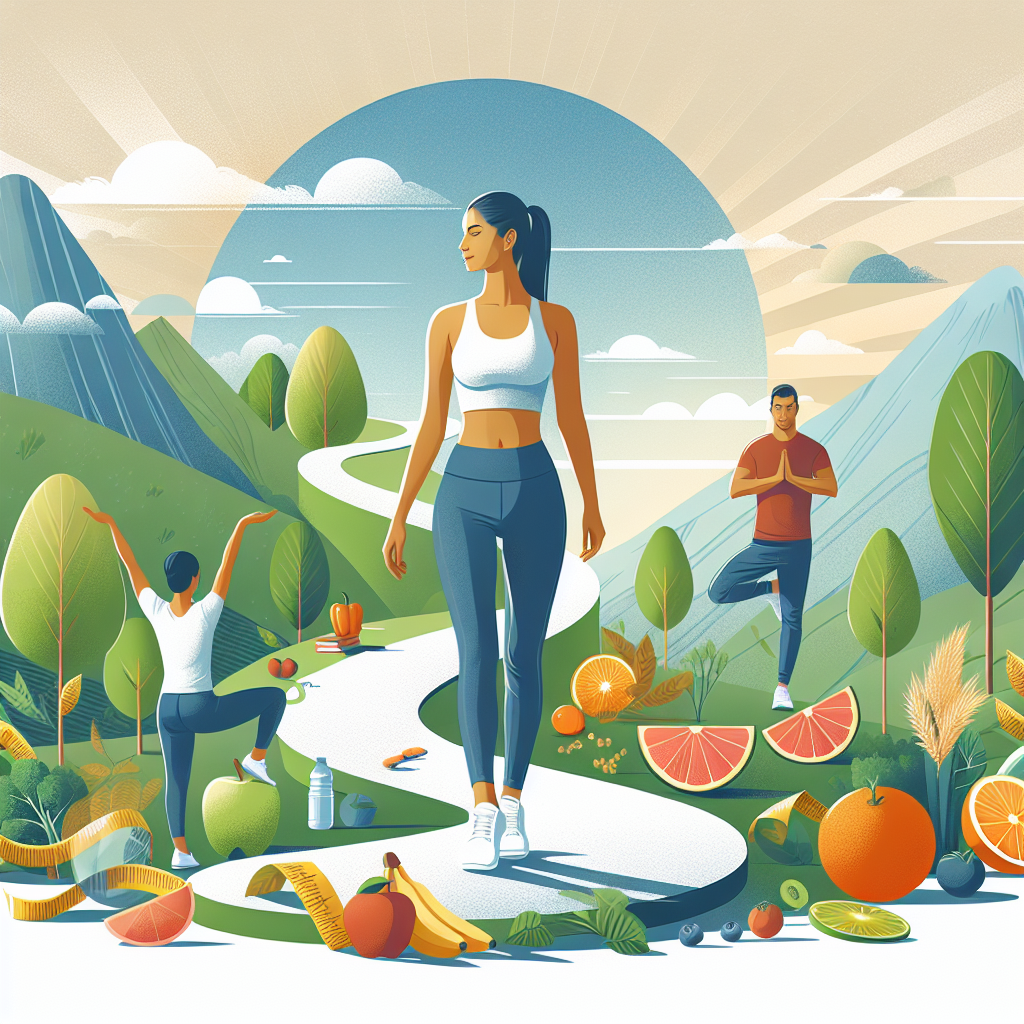 An uplifting and serene illustration showing a person confidently walking on a gentle, upward-sloping path, symbolizing sustainable weight management and a healthy lifestyle. Surrounding them are elements representing balanced nutrition (fresh produce) and regular, joyful movement (person stretching or light jogging). The overall feeling is one of stability, long-term well-being, and gentle progress. Bright, encouraging, clean illustration style.