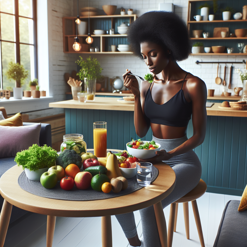 A person in a comfortable, relaxed setting, perhaps in a bright kitchen or dining area, enjoying a healthy and colorful meal. No sports equipment or workout clothes are visible. The scene emphasizes ease and well-being, with fresh fruits, vegetables, and water prominently displayed, suggesting weight loss through nutrition rather than strenuous exercise. The style is inviting and clean, with soft natural light.