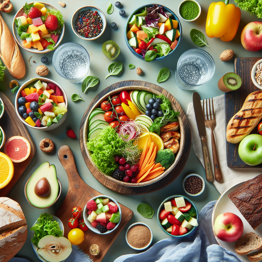 An inviting, close-up overhead shot of a table spread with a variety of fresh, whole foods: a vibrant salad bowl, sliced fruits, whole-grain bread, lean protein, and a glass of sparkling water. The arrangement is appealing and abundant, devoid of any processed snacks or sugary drinks, clearly illustrating the principle of healthy eating for weight loss without physical activity. The mood is fresh and wholesome, with bright, natural lighting.