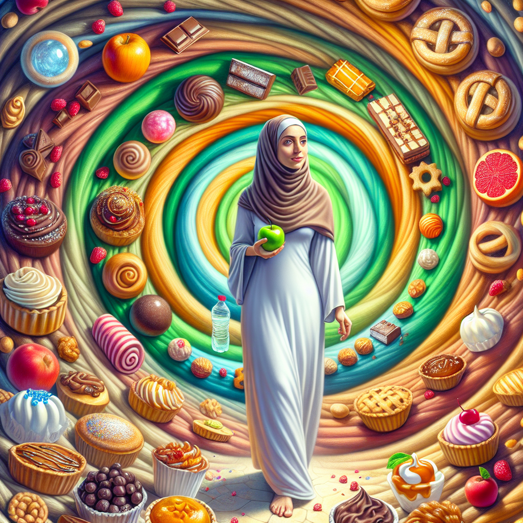 A person calmly standing amidst a swirling, vibrant vortex of tempting sweets like chocolates, candies, and pastries, but their focus is on reaching for a single, crisp apple or a glass of water, symbolizing the act of overcoming sugar cravings through self-control and choosing healthier options. The scene should convey a sense of quiet resolve and a shift towards wellness. The art style should be inviting and not overly stark.