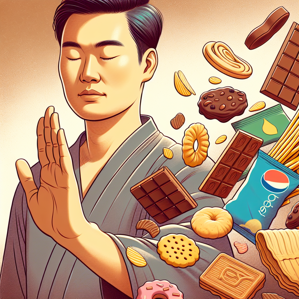 A calm person's hand, making a decisive yet gentle gesture, pushes away a vibrant, tempting array of snacks like chocolate bars, potato chips, and cookies. The person's face is serene and focused, reflecting a sense of mindfulness and self-control. The background is soft and clean, suggesting a peaceful, empowering environment. Modern illustration, warm and inviting colors, emphasizing the act of choice and control over cravings.