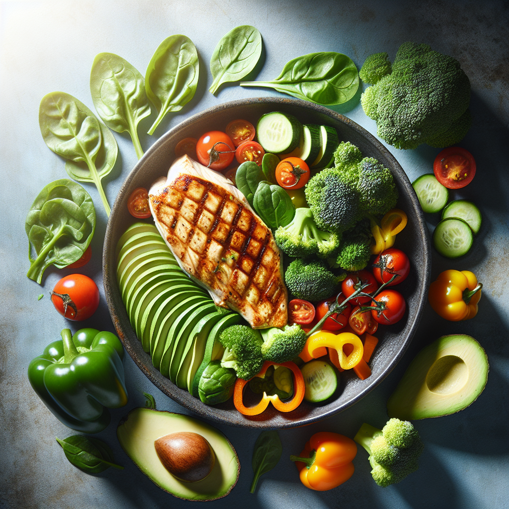 A vibrant and appealing top-down flat lay photograph of a healthy, low-carb meal. The dish features grilled chicken or fish, surrounded by a colorful variety of fresh vegetables like broccoli, spinach, bell peppers, and zucchini, with a side of avocado. The lighting is bright and natural, emphasizing freshness and deliciousness, conveying healthy eating for sustainable weight loss. Studio quality.