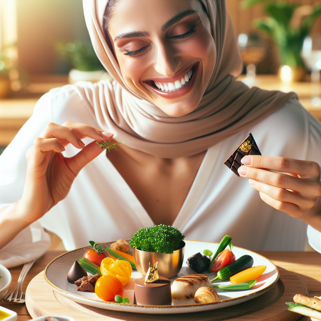 A person joyfully savoring a beautifully plated, balanced meal, featuring colorful fresh vegetables, a lean protein, and a small, appealing treat like a piece of dark chocolate or a small pastry, all arranged artfully. The setting is bright and inviting, conveying a sense of enjoyment and abundance rather than restriction. The person has a genuine smile, emphasizing healthy living with pleasure. Food photography, high quality, warm tones.