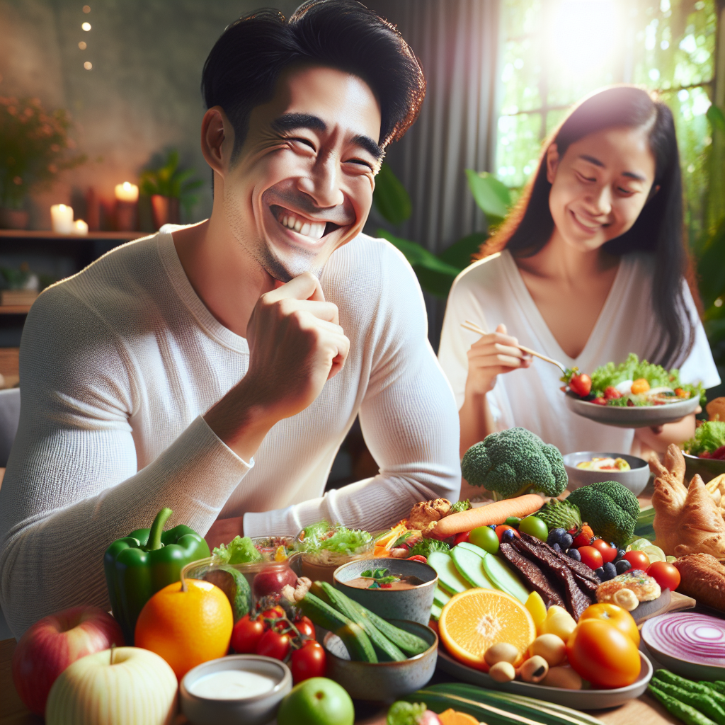 A healthy, happy person (diverse, any gender) smiling contentedly while enjoying a generous and vibrant meal packed with fresh vegetables, fruits, and lean protein. The food looks delicious, colorful, and highly satisfying, emphasizing the joy of healthy eating without hunger or deprivation. Bright, natural light, high-quality food photography with a positive lifestyle feel.