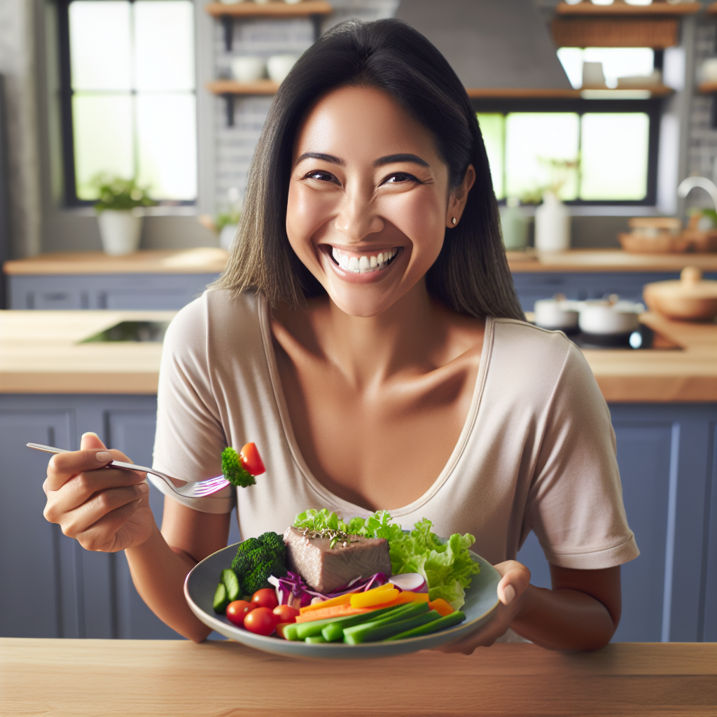A happy woman in a modern, bright kitchen, smiling contentedly as she enjoys a colorful and delicious healthy meal, emphasizing satisfaction and eating without deprivation. The meal includes fresh vegetables and lean protein, beautifully presented. Soft, natural lighting.