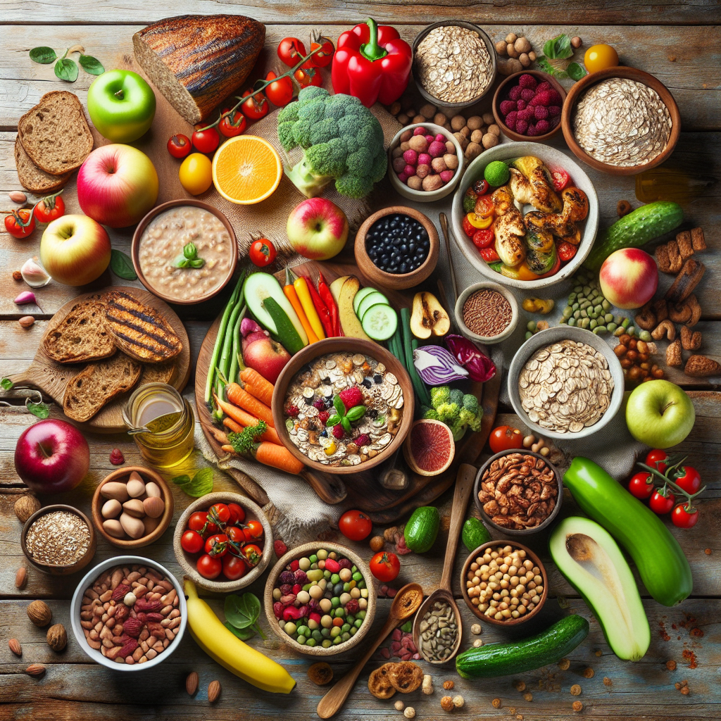 An overhead shot of a beautifully arranged, abundant spread of diverse and healthy foods on a rustic wooden table. Include a vibrant mix of fresh fruits and vegetables, a bowl of whole-grain oats or bread, a dish of legumes (like lentils or chickpeas), grilled lean protein (such as fish or chicken), and a scattering of nuts and seeds. The scene should evoke wholesome nutrition and delicious variety.