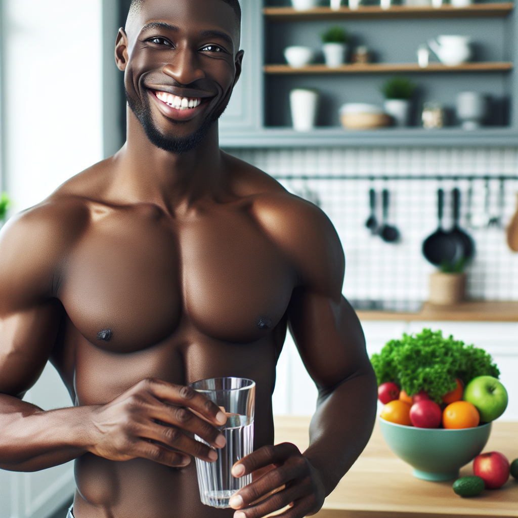 A happy, energetic person with a lean, healthy physique, smiling confidently while holding a glass of water. They are in a bright, modern kitchen, with a vibrant bowl of fresh fruits and vegetables on the counter, suggesting a balanced and sustainable lifestyle. The atmosphere is positive and stable, emphasizing long-term well-being without the ups and downs of weight fluctuation. High quality, realistic photo.