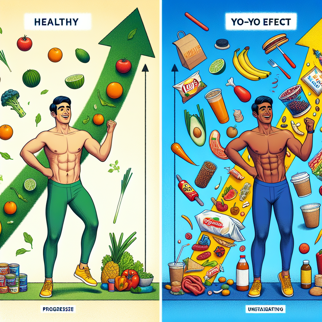 A visual metaphor contrasting healthy, sustainable weight loss with the yo-yo effect. On one side, a clear, steady, upward path made of healthy food ingredients (fruits, vegetables, lean protein) leading to a fit, happy person. On the other side, a chaotic, wavy, up-and-down path made of unhealthy fast food items, symbolizing the yo-yo effect. The image should convey progress, stability, and the choice for a lasting healthy lifestyle. Bright, illustrative, clean style.
