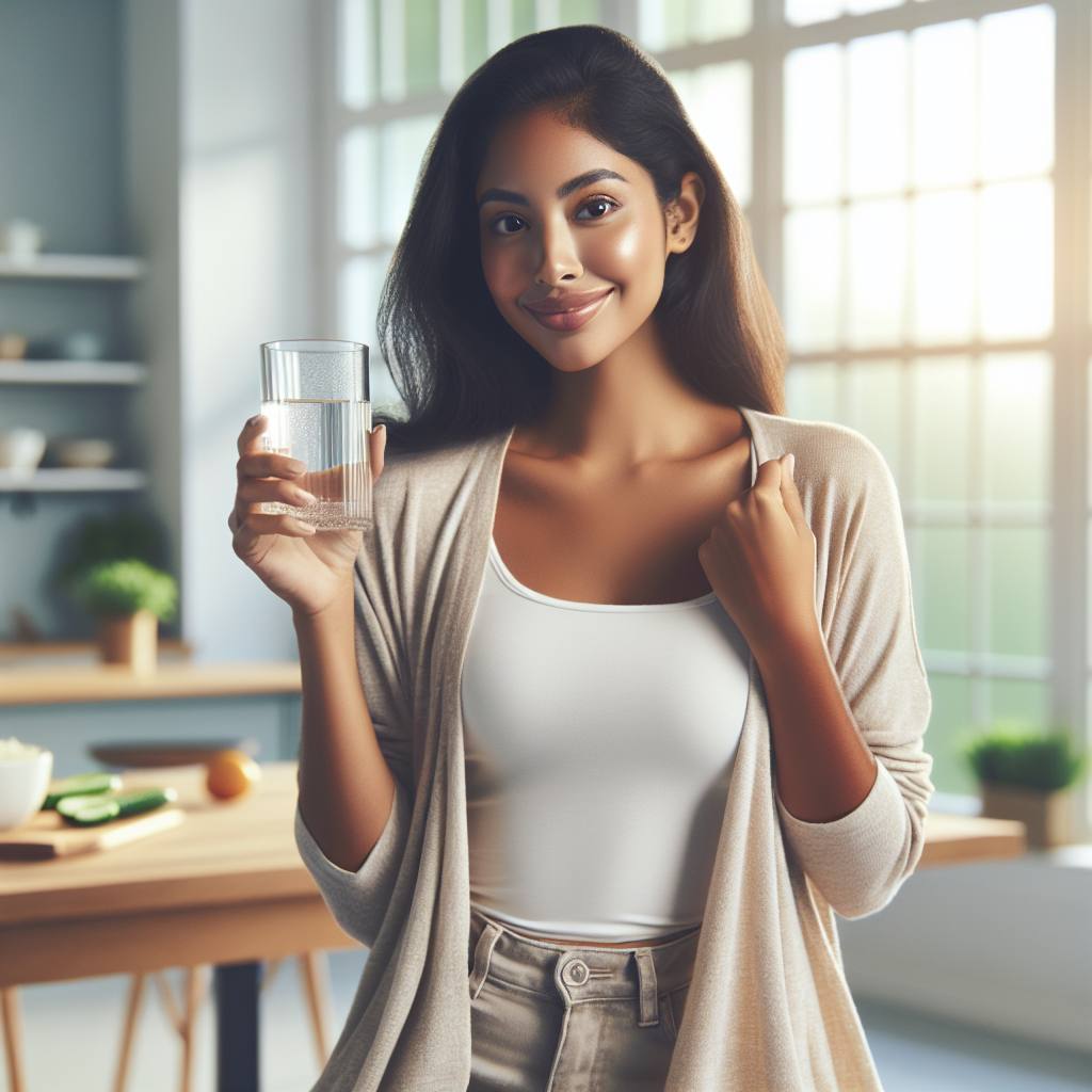 A person with a confident and healthy glow, smiling subtly, perhaps holding a glass of water or a fresh fruit, in a bright and serene everyday setting (e.g., a modern kitchen, by a window). The image conveys successful, sustainable weight loss achieved through mindful lifestyle changes and healthy eating, without any visual cues of exercise or physical exertion. The atmosphere is positive and calm, focusing on well-being. Blog article header image style.