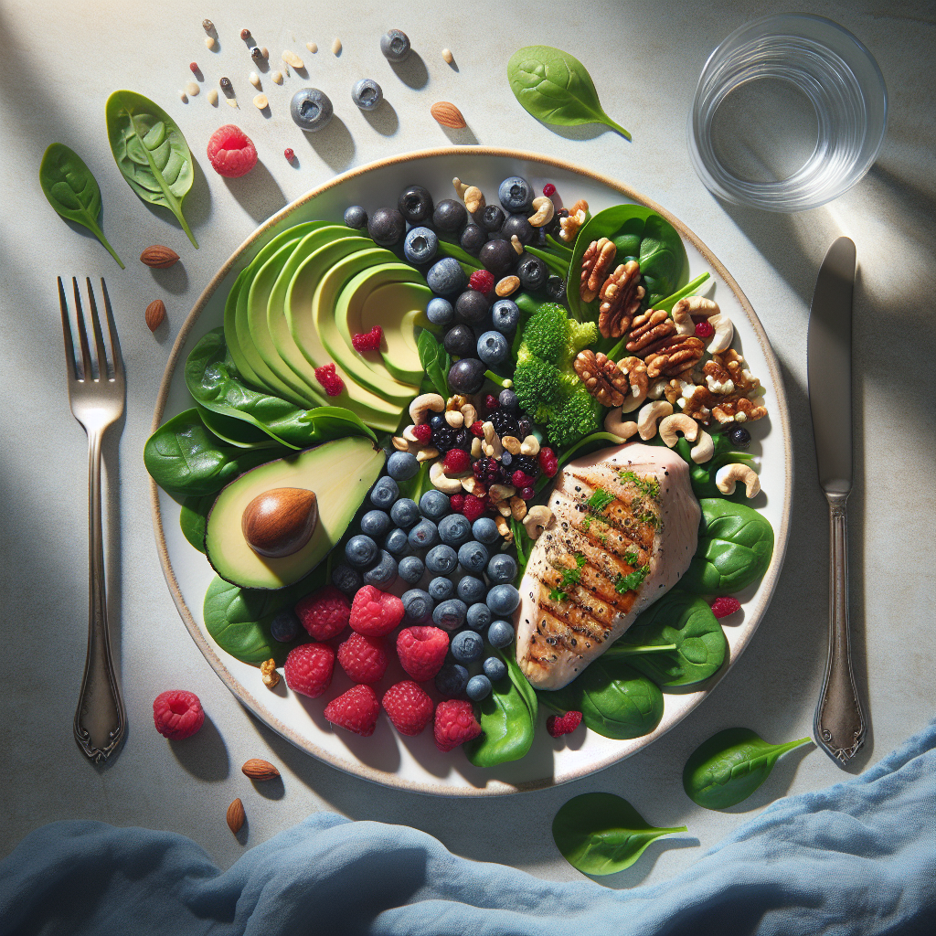 A vibrant overhead shot of a clean, healthy meal on a white plate, surrounded by fresh, colorful ingredients like spinach, berries, avocado, nuts, and grilled chicken or fish. The light is bright and natural, highlighting the freshness and appeal of the food. The image conveys nourishment, balance, and deliciousness, perfect for a blog about sustainable healthy eating. Food photography style.