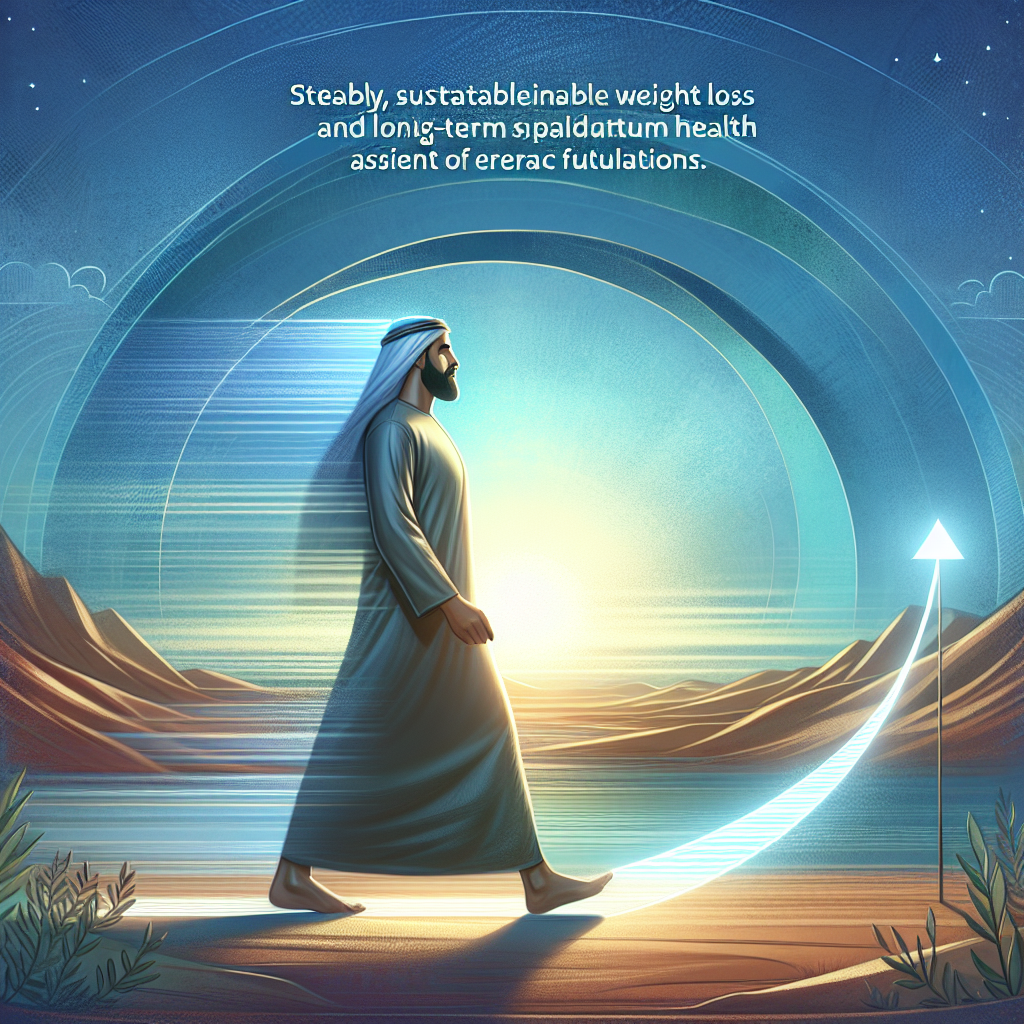 A conceptual illustration depicting a person confidently walking on a smooth, gently ascending path towards a bright horizon, symbolizing sustainable weight loss and long-term health without the yo-yo effect. The path is stable and unwavering, reflecting steady progress. The background features a serene, open landscape with soft colors. The overall mood is hopeful, empowering, and calm. Digital painting style with a focus on clean lines and positive symbolism.