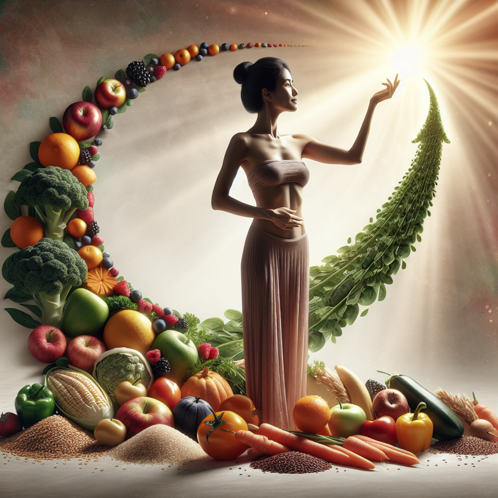 A serene and optimistic image of a person, radiating health and inner balance, standing confidently on a steady, upward-sloping path. Lush, vibrant fruits, vegetables, and whole grains are bountifully arranged around them, symbolizing a healthy, sustainable diet. The scene evokes lasting well-being and steady progress, with soft, natural lighting.