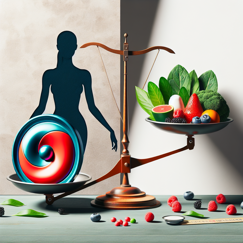 A symbolic and clear image illustrating 'no yo-yo effect'. A brightly colored yo-yo rests still on a surface, no longer in motion, next to a perfectly balanced set of weighing scales. One scale pan holds a diverse and appealing collection of fresh, healthy foods (berries, greens, nuts), while the other holds a stable, confident human silhouette. The background is minimalist and empowering, emphasizing lasting stability and control.
