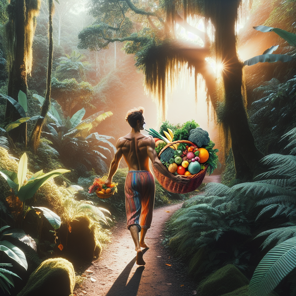 A person with a healthy, fit physique, smiling and confidently walking on a path surrounded by lush nature. They are holding a small, vibrant basket of fresh fruits and vegetables. The image should convey vitality, long-term well-being, and the feeling of sustainable healthy living, rather than a quick fix. Soft, warm natural light, photo-realistic style.