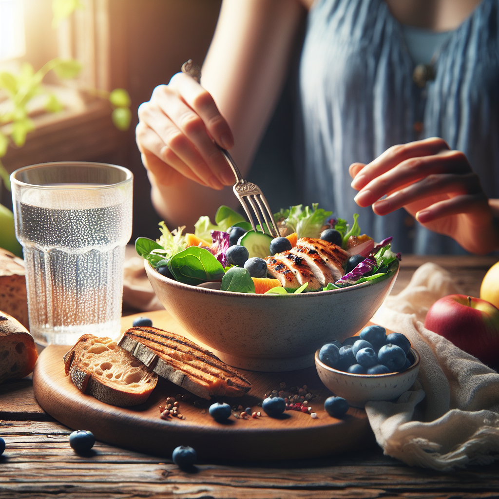 A beautifully styled still life featuring a colorful, appealing, and healthy meal (e.g., a vibrant salad with grilled chicken, fresh berries, whole-grain bread, and a glass of water) placed on a rustic wooden table. A pair of hands is gently reaching for a fork, indicating mindful enjoyment and contentment. The background is softly blurred, evoking a serene and positive atmosphere of nourishment and well-being, emphasizing a lifestyle of 'eating well without deprivation' rather than a restrictive diet. Soft, natural light.