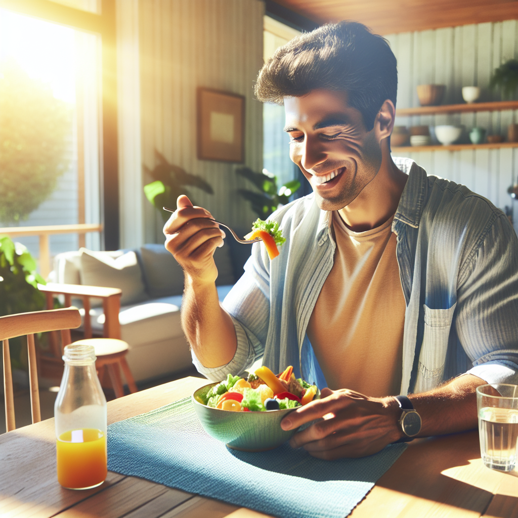 A happy and confident person, casually dressed in comfortable everyday clothes, is seated at a bright kitchen table, enjoying a visually appealing, wholesome meal. The scene exudes an atmosphere of ease and contentment, emphasizing healthy eating habits. Crucially, there is absolutely no sports equipment, activewear, or gym gear visible in the image, clearly illustrating weight loss achieved through diet and lifestyle changes rather than strenuous exercise. Realistic, inviting style with soft natural light.