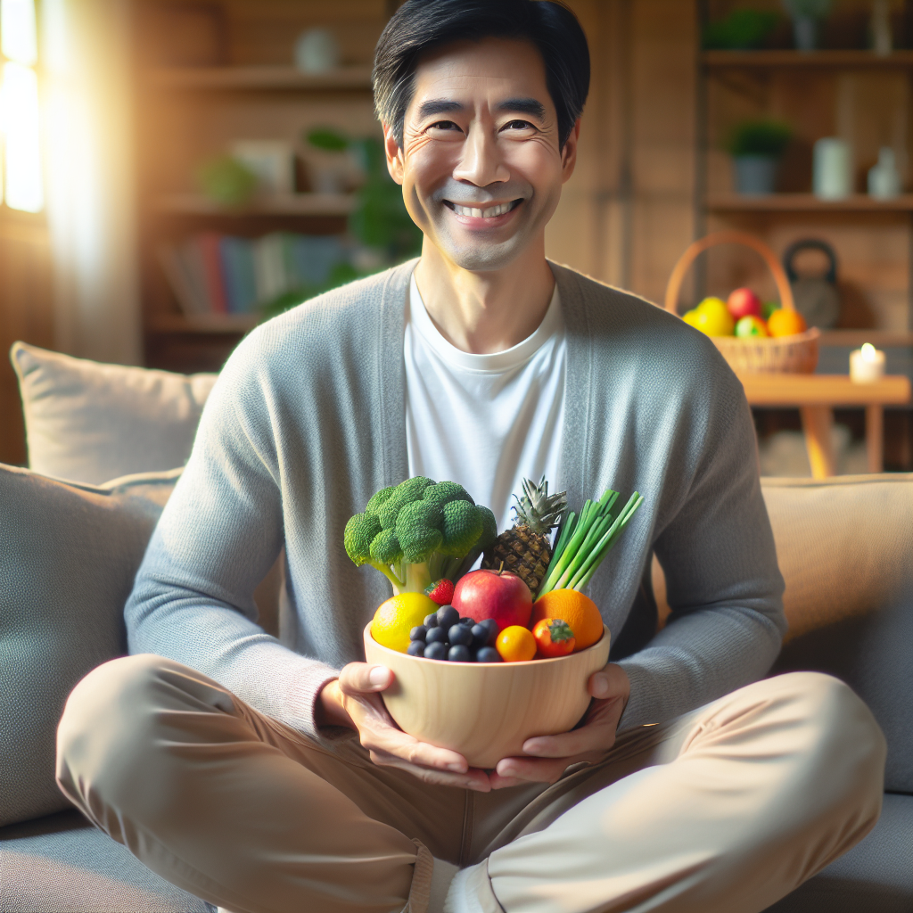 A smiling, healthy-looking person in a comfortable home setting, gently holding a bowl filled with an abundance of fresh, colorful fruits and vegetables. The scene conveys a sense of peaceful well-being and mindful eating, subtly suggesting weight maintenance through balanced nutrition rather than strenuous physical activity. Soft, warm lighting creates a cozy and inviting atmosphere. No gym equipment or exercise is shown.