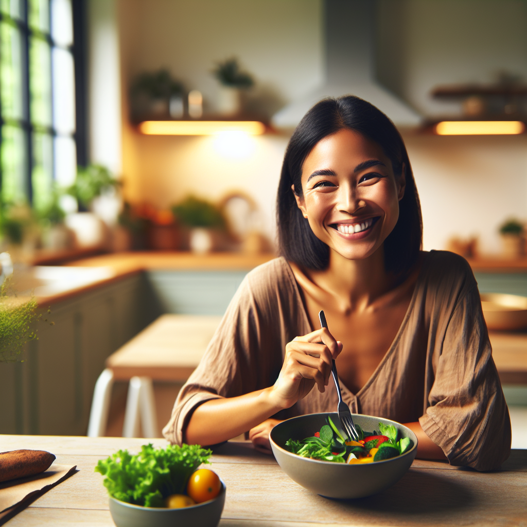 A person with a relaxed, happy expression mindfully enjoying a vibrant, healthy meal at a clean kitchen table in a warm, inviting home. The scene emphasizes ease, natural wellness, and a balanced lifestyle, without any visual cues of strict dieting or deprivation. Soft, natural light, modern minimalist style, focus on the joy of eating.