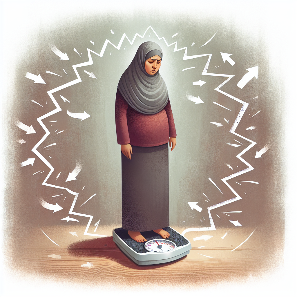 A visual representation of the 'Jojo-Effekt' (yo-yo effect): A person standing on a weight scale, looking frustrated or defeated, with abstract wavy lines or arrows around them indicating weight repeatedly going up and down. The background should subtly suggest a cycle or struggle, in a realistic, slightly somber style to convey the difficulty.