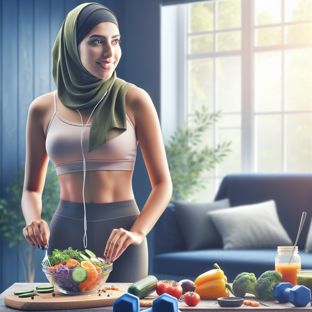 A bright, positive image depicting sustainable weight loss: A person joyfully preparing or eating a balanced, colorful meal with fresh ingredients (like vegetables, lean protein). In the background, elements of light physical activity are visible, such as a yoga mat or running shoes, in a well-lit, serene home environment. The person looks healthy, energetic, and at peace, symbolizing long-term lifestyle change, realistic style.
