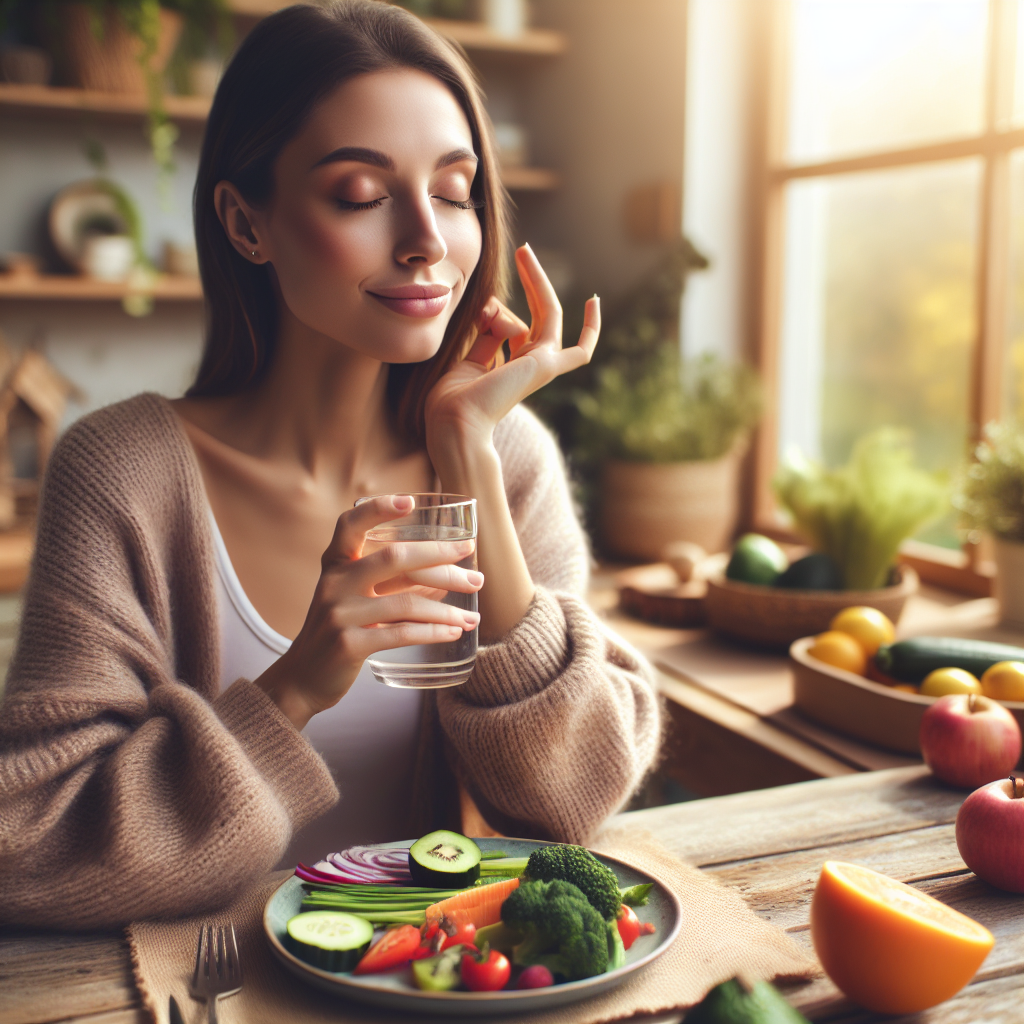A serene and contented person, of any gender or ethnicity, mindfully enjoying a healthy, colorful meal with fresh vegetables and fruits, accompanied by a glass of water. The setting is bright and natural, perhaps a sunny kitchen or a quiet outdoor space, emphasizing a relaxed and sustainable approach to health without strict dieting. Realistic photo, warm inviting tones, soft focus.
