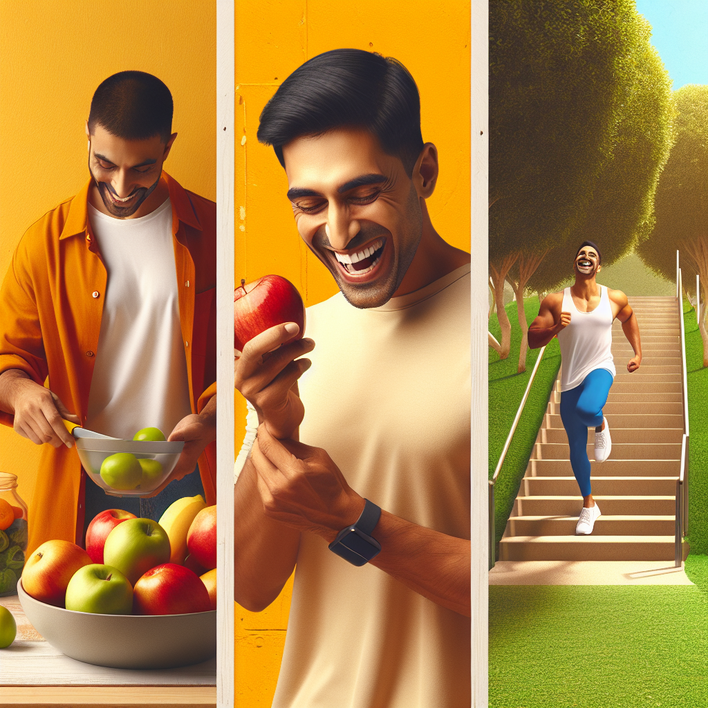 A dynamic and positive image showing a happy person effortlessly incorporating small healthy habits into their daily life: choosing fresh fruit from a bowl, taking the stairs with a smile, and enjoying a leisurely walk in a park. The overall mood is one of natural well-being, energy, and freedom from diet restrictions. Bright, uplifting colors, clean modern style, realistic photography.