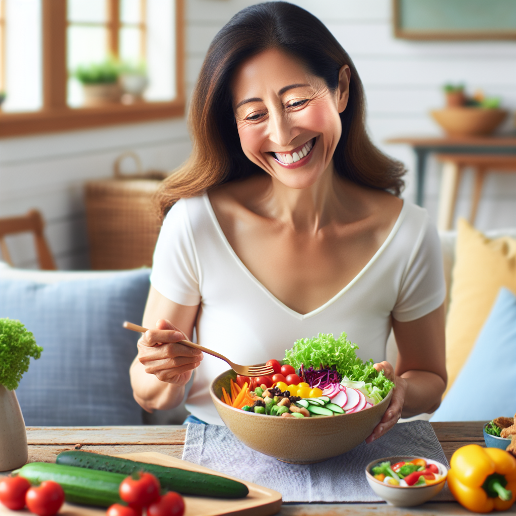 A serene and happy person (diverse age and gender) enjoying a wholesome, visually appealing meal (e.g., a vibrant salad, fruit platter, or lean protein dish) in a comfortable, bright home environment. The scene emphasizes healthy eating, mindful choices, and a relaxed lifestyle, with absolutely no sports equipment, gym background, or strenuous activity implied. The focus is on ease, nutrition, and well-being. Realistic photography style, bright and inviting colors, soft natural light.