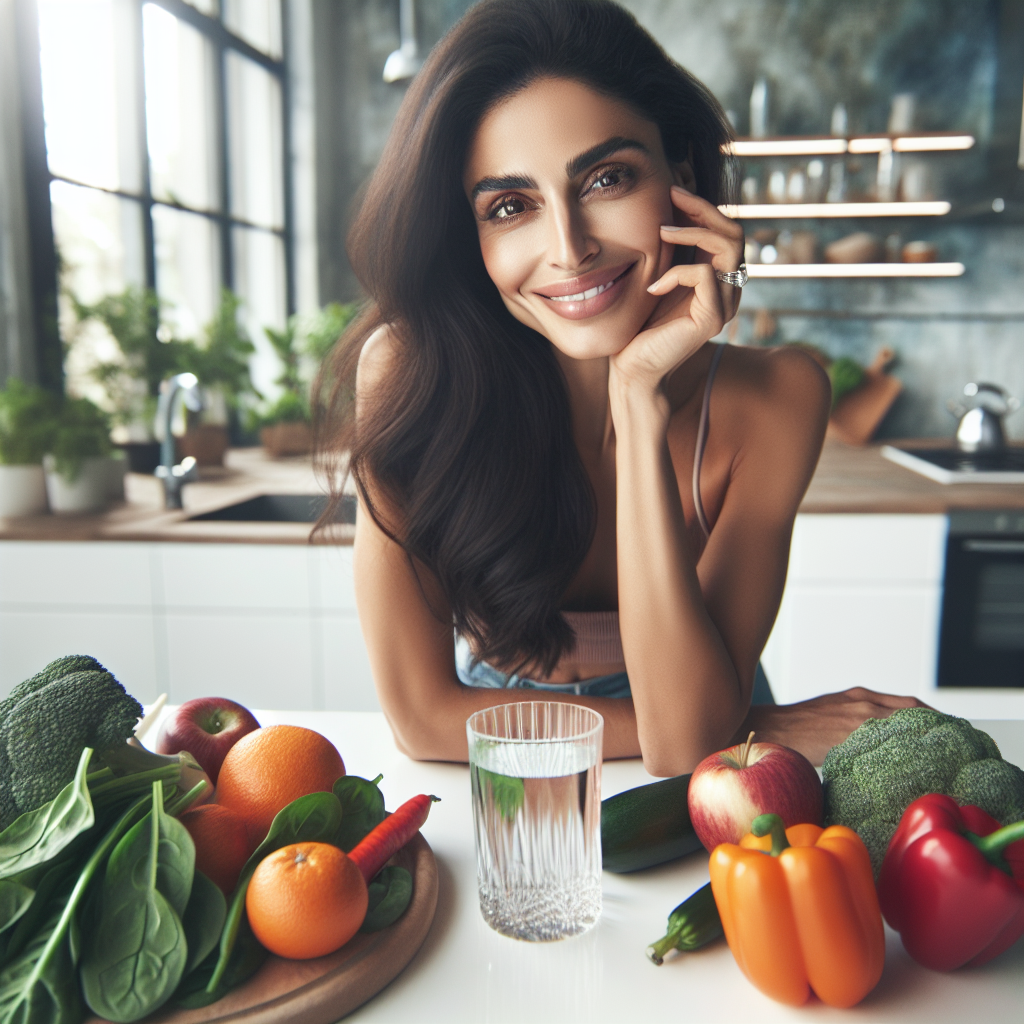 A person looking healthy, happy, and confident, standing in a bright, modern kitchen or dining area, surrounded by fresh, vibrant vegetables, fruits, and a glass of water on a table. The person is smiling gently, embodying well-being and a balanced lifestyle achieved through conscious eating, without any sports equipment or athletic gear visible. The overall mood is calm, positive, and focused on sustainable health.