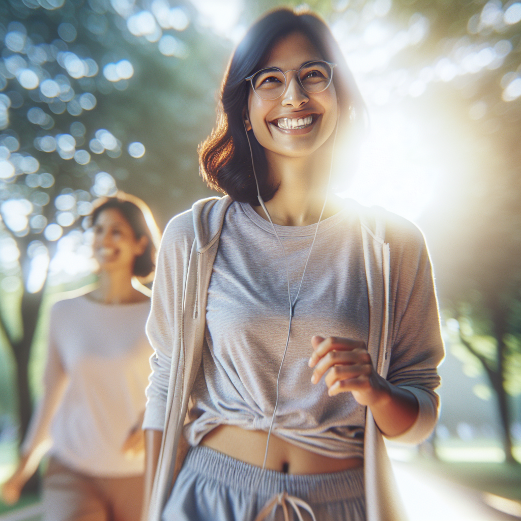 A joyful person (30s-40s, diverse ethnicity) taking a relaxed walk in a sunlit park, looking happy and energetic. They are wearing comfortable casual clothes, with a serene expression, symbolizing sustainable weight loss and a healthy lifestyle achieved effortlessly without strict diets. Soft, natural lighting. DALL-E style.