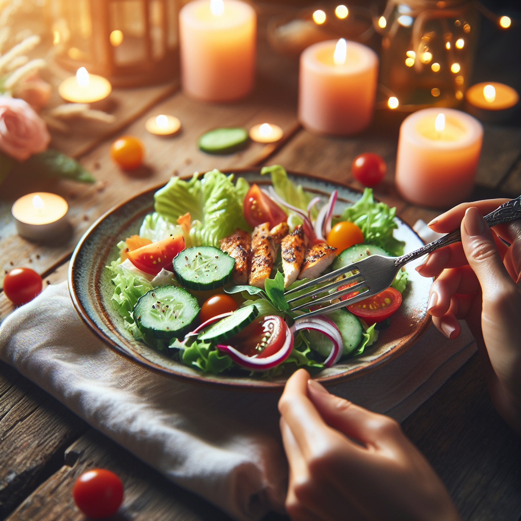 Close-up of hands gently holding a fork over a plate of colorful, fresh food (e.g., a vibrant salad with grilled chicken and various vegetables) on a wooden table. The focus is on mindful eating, with a soft, warm light emphasizing natural ingredients. The setting is cozy and inviting, suggesting enjoyment and conscious choice rather than restriction. DALL-E style.